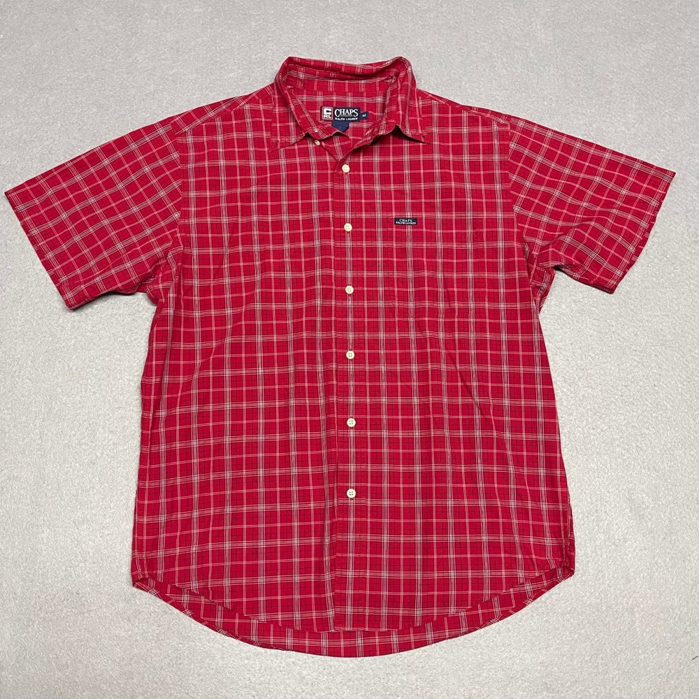 Chaps Ralph Lauren Shirt Men Medium Red Plaid Button Up Short Sleeve Lightweight